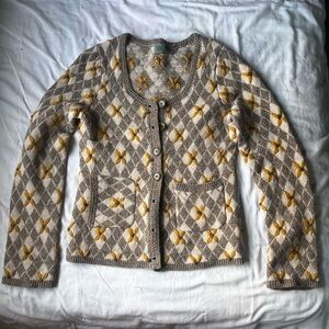 Anthropologie Beige and Yellow Argyle Floral Cardigan